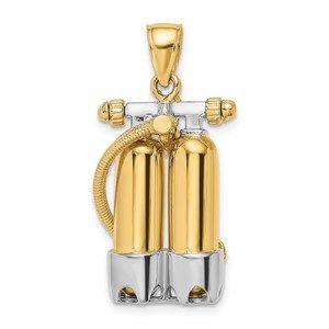14k Yellow Gold w Rhodium 3D Double Scuba Tanks Air Hose Necklace Pendant Unisex